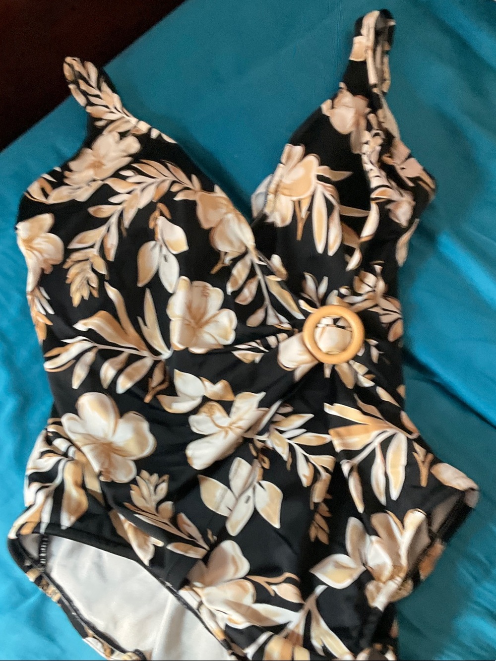 Jantzen Black One-Piece Swimsuit with Cream Floral Print and Ring Detail - Picture 1 of 2